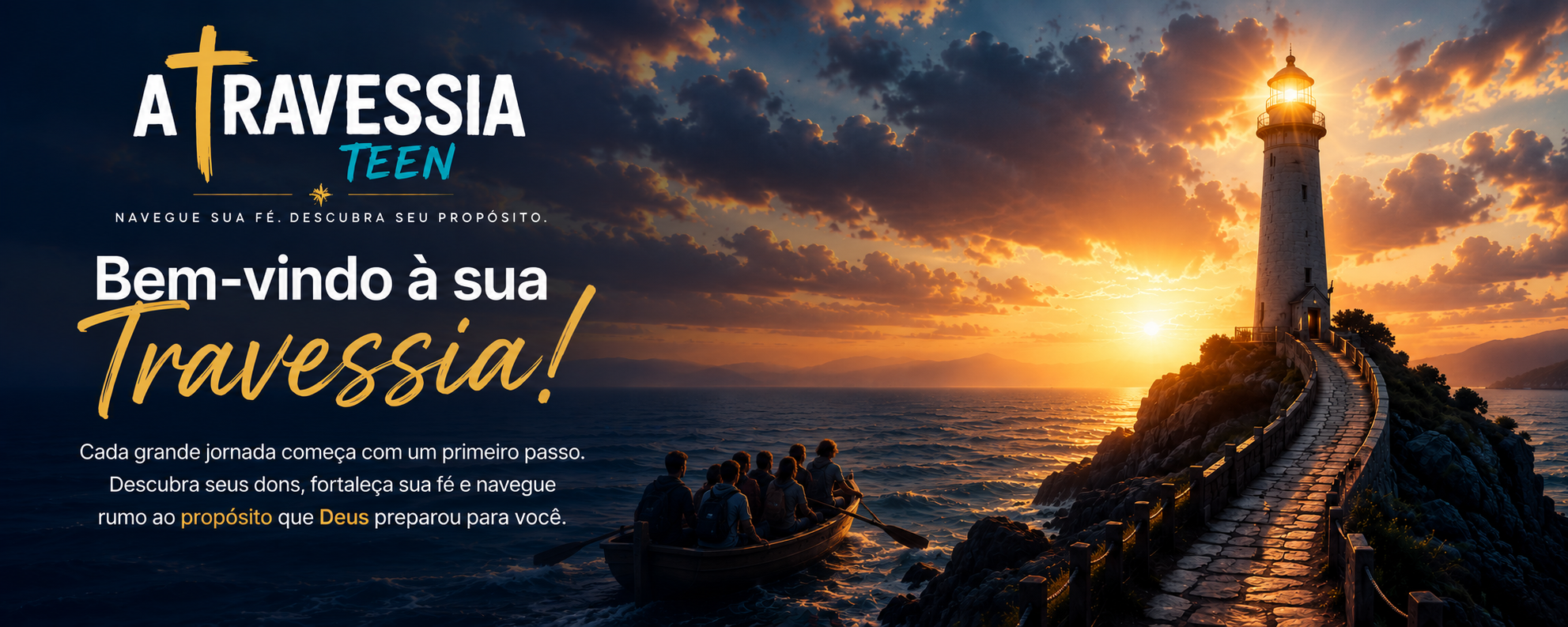 Barco com jovens navegando ao entardecer em direção a um farol aceso, cena que representa a jornada de fé de A Travessia Teen